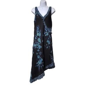 Connected Apparel Floral Asymmetrical Midi Dress‎ Black Purple Blue Size 16 Y2K